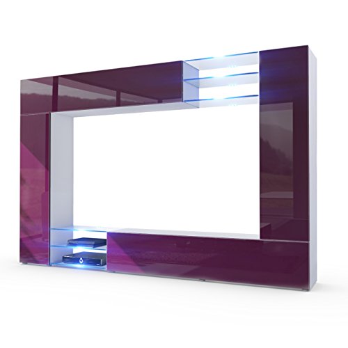 Vladon, Vladon Wall Unit TV Stand Mirage, Carcass in White matt/Front in Raspberry High Gloss with LED lighting