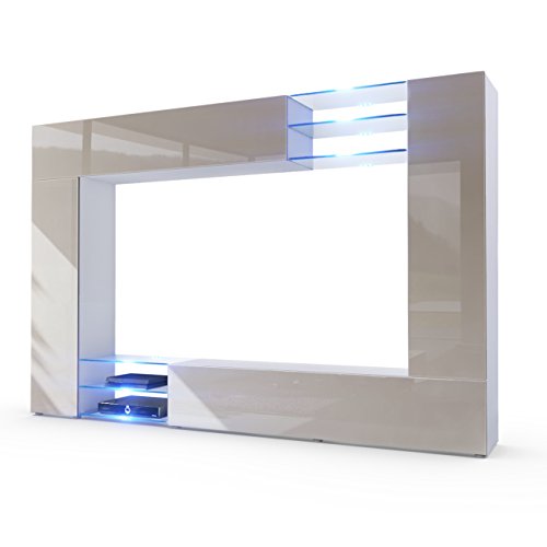 Vladon, Vladon Wall Unit TV Stand Mirage, Carcass in White matt/Front in Sand grey High Gloss with LED lighting