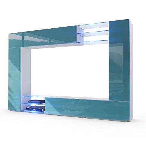 Vladon, Vladon Wall Unit TV Stand Mirage, Carcass in White matt/Front in Teal High Gloss with LED lighting