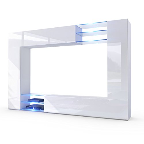 Vladon, Vladon Wall Unit TV Stand Mirage, Carcass in White matt/Front in White High Gloss with LED lighting