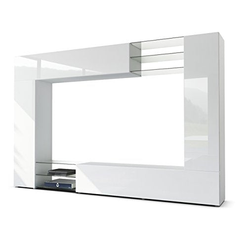 Vladon, Vladon Wall Unit TV Stand Mirage, Carcass in White matt/Front in White High Gloss
