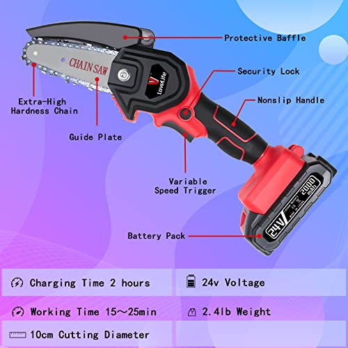 Vlovelife, Vlovelife Mini Chainsaw, 4 Inch 24v Electric Chainsaw Cordless with 2 Battery and 2 Chain Saw, One-Handed Portable Chainsaw for Gardening