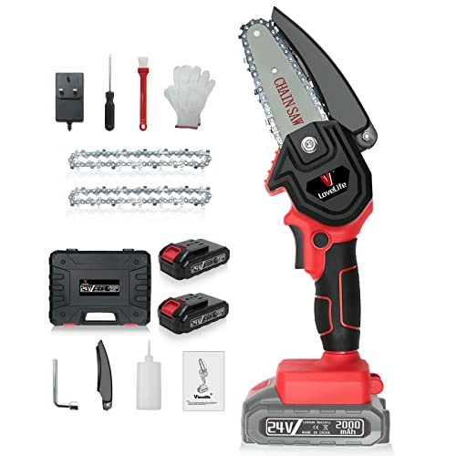 Vlovelife, Vlovelife Mini Chainsaw, 4 Inch 24v Electric Chainsaw Cordless with 2 Battery and 2 Chain Saw, One-Handed Portable Chainsaw for Gardening