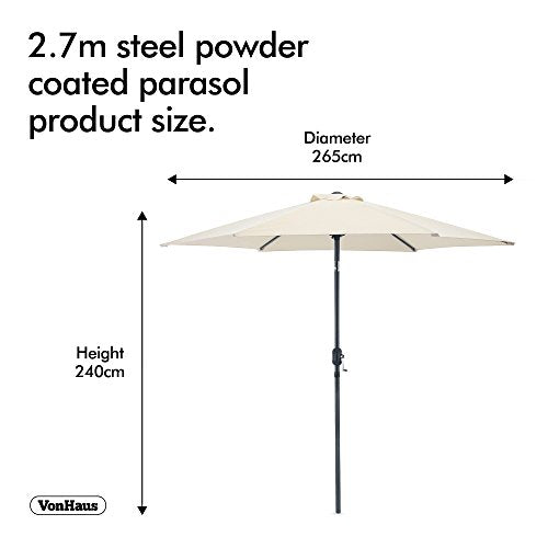 VonHaus, VonHaus 2.7m Tilting Garden Parasol – UV30+ - Outdoor Umbrella with Crank & Tilt Function – Ivory/Cream
