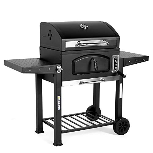 VonHaus, VonHaus Charcoal BBQ – Barbecue with 2 Side Table Racks, Adjustable Grill & Temperature Gauge – Portable 2-in-1 Patio American Style Grill