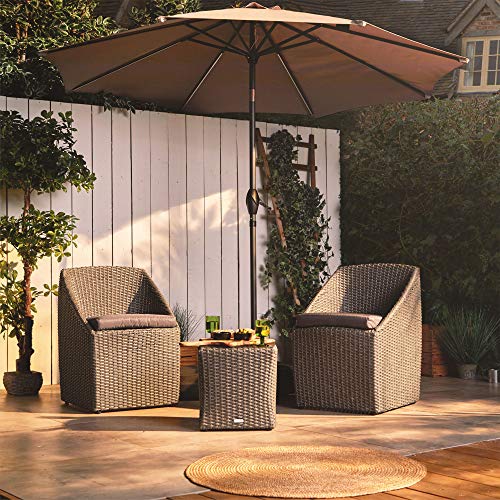 VonHaus, VonHaus Conservatory Rattan Bistro Set – Wicker Style 2 Seater Glass-topped Coffee Table and 2 Chairs with Removable Cushions – Weave