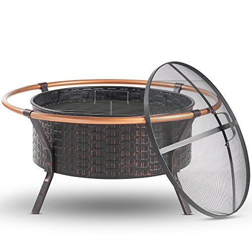 VonHaus, VonHaus Copper Rim Fire Pit Bowl with BBQ Grill Rack, Spark Guard & Poker – Outdoor Steel Garden Heater/Burner for Wood & Charcoal