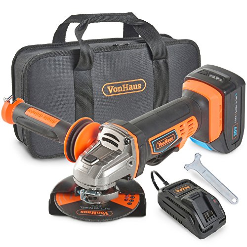 VonHaus, VonHaus Cordless Angle Grinder with 3.0Ah Li-ion 20V MAX Battery, Charger, 1 x 115mm / 4 ½" Cutting Disc & Power Tool Bag - Includes