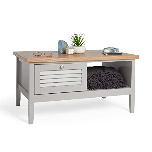 VonHaus, VonHaus Grey Coffee Table – Grey & Ash Wood Veneer Coffee Table With Storage Drawer & Shelf With Satin Silver Handle for Living Room