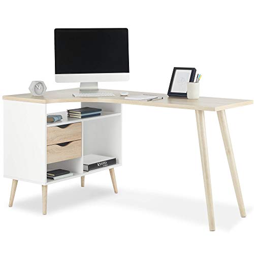 VonHaus, VonHaus L-Shaped Computer Desk - White and Light Oak Effect with Tapered Legs Corner Workstation - Scandinavian Nordic Style - Modern