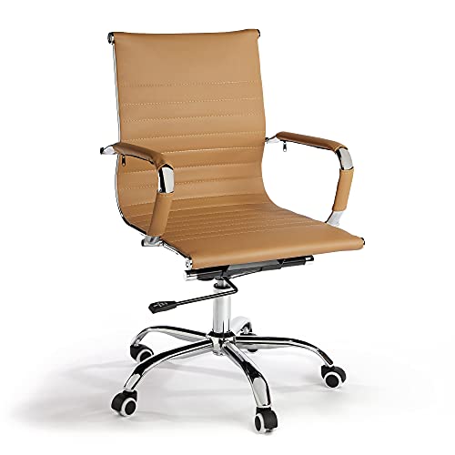 VonHaus, VonHaus Tan Desk Chair – Home Office Chair with Adjustable Height, Armrests & Wheels, Light Brown Faux Leather Computer Chair