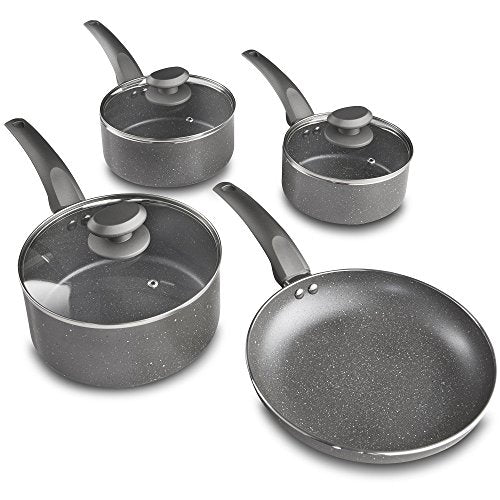 VonShef, VonShef 4pc Marble Pan Set – Non-Stick Aluminium with Grey Marble Finish – 3 Saucepans Small/Medium/Large with Glass Lids & 24cm