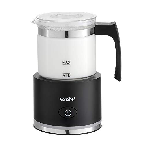 VonShef, VonShef Milk Frother, Electric Warmer with Hot or Cold Functionality with Detachable Glass Jug & Non-Slip Feet, Ideal for Cappuccino, Latte