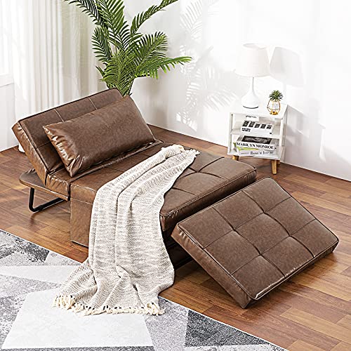 Vonanda, Vonanda Faux Leather Ottoman Sleeper Chair Bed, Small Modern Couch Multi-Position Convertible with Selected Leather Fabrics and Unique