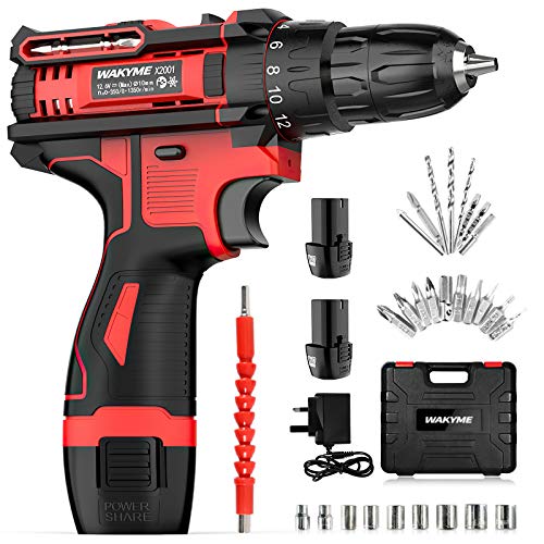 WAKYME, WAKYME 12.6V Cordless Drill Driver, Power Drill 30Nm, 18+3 Clutch, 3/8" Keyless Chuck, Variable Speed & Built-in LED Electric Screw Driver