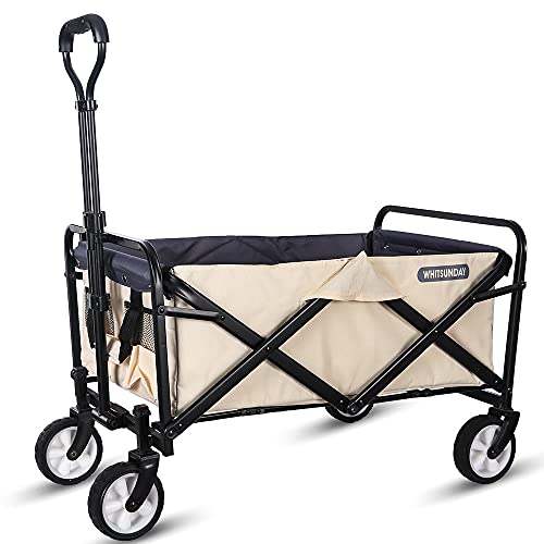 WHITSUNDAY, WHITSUNDAY Collapsible Folding Garden Outdoor Park Utility Wagon Picnic Camping Cart 5“ Solid Rubber Wheels (Compact Size, Beige)