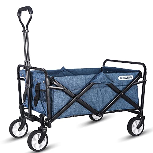 WHITSUNDAY, WHITSUNDAY Collapsible Folding Garden Outdoor Park Utility Wagon Picnic Camping Cart 5“ Solid Rubber Wheels (Compact Size, Blue)