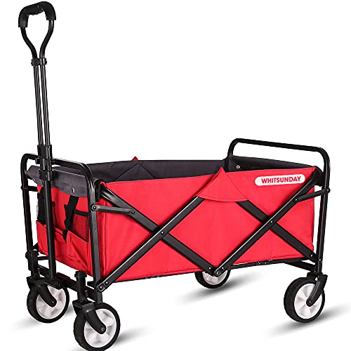 WHITSUNDAY, WHITSUNDAY Collapsible Folding Garden Outdoor Park Utility Wagon Picnic Camping Cart 5“ Solid Rubber Wheels (Compact Size, Red)