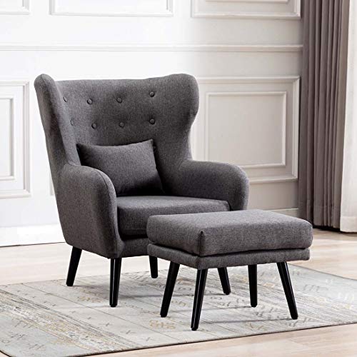 Cosy Chair, WINSLOW WING BACK OCCASIONAL LIVING ROOM BUTTON BACK LINEN FABRIC ACCENT CHAR w STOOL ARMCHAIR