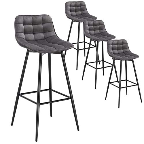 WOLTU, WOLTU Bar Stools Set of 4 PCS Soft Velvet Seat Bar Chairs Breakfast Kitchen Counter Chairs Metal Legs Barstools Dark Grey High Stools