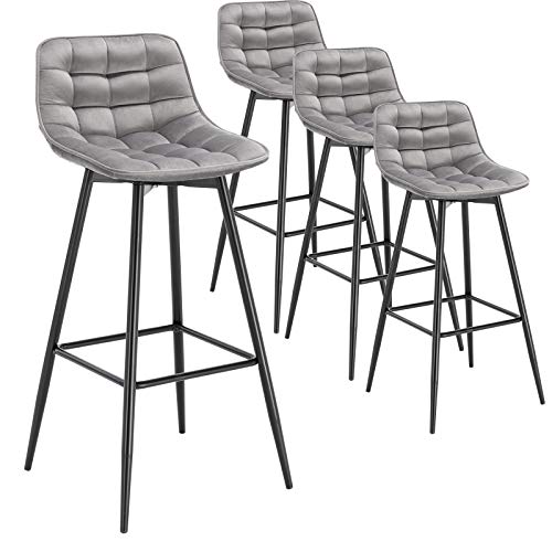 WOLTU, WOLTU Bar Stools Set of 4 PCS Soft Velvet Seat Bar Chairs Breakfast Kitchen Counter Chairs Metal Legs Barstools Light Grey High Stools