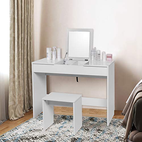 WOLTU, WOLTU Dressing Table Cosmetic Table White with Dressing Stool Makeup Mirror Foldable Vanity High Gloss Table Top Bedroom Dresser