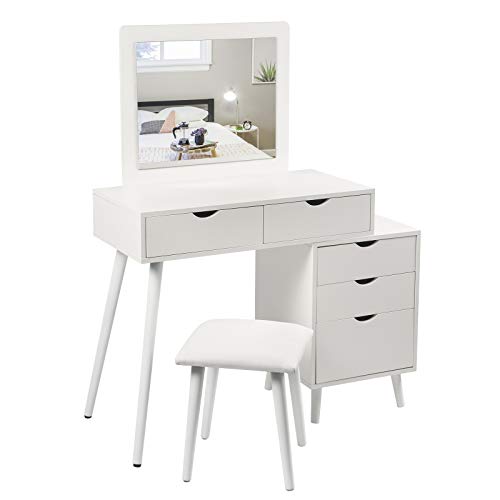 WOLTU, WOLTU Dressing Table Cosmetic Table White with Dressing Stool Makeup Mirror Vanity Bedroom Dresser Set 2 Drawers & Bedside table