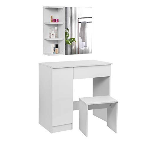 WOLTU, WOLTU Dressing Table White with a Mirror Cabinet Makeup Vanity Table Bedroom Dresser Set with Dressing Stool & a Drawer & 3 Shelves