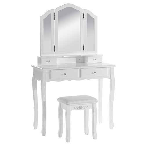 WOLTU, WOLTU MB6027cm Dressing Table Cosmetic Table Dressing Table Set with 3 Mirrors and 1 Stool 4 Drawers White Makeup Desk 90 x 40 x 145cm(L x W x H)