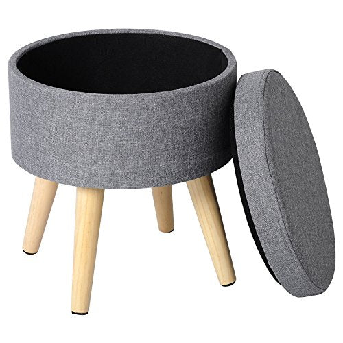 WOLTU, WOLTU Storage Ottoman Chair Stool Light Grey Upholstered Footstool Linen Round Pouffe Chair Multifunction with Removable Cover