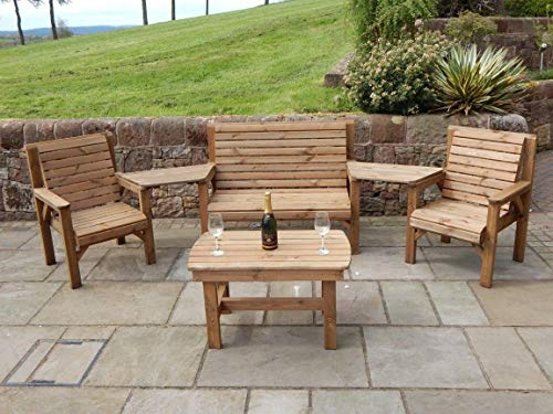 STAFFORDSHIRE GARDEN FURNITURE, WOODEN GARDEN FURNITURE ANGLED COMPLETE SET COFFEE TABLE 1 BENCH 2 CHAIRS AND 2 DETATCHABLE TRAYS