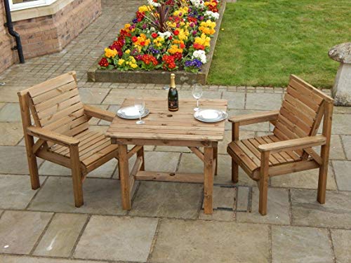 STAFFORDSHIRE GARDEN FURNITURE, WOODEN GARDEN FURNITURE PATIO SET 2 CHAIRS AND 3 FOOT SQUARE TABLE NEW DELIVERED ASEMBLED