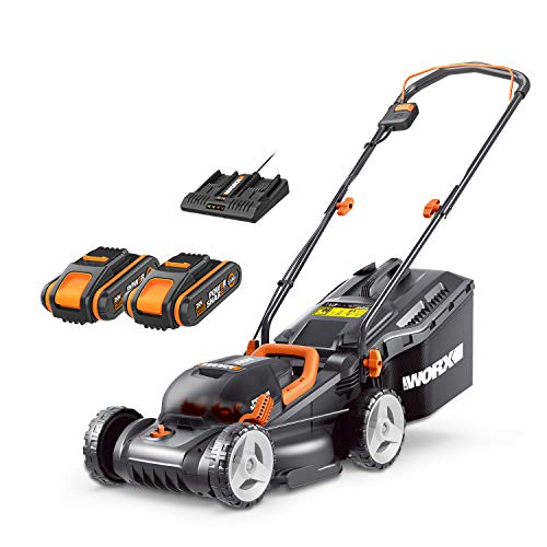 WORX, WORX 40V Cordless 34cm Lawn Mower WG779E with 2 x 2.5Ah Batteries & Dual Port Charger, Cutting Height 20-70mm Powershare 30L