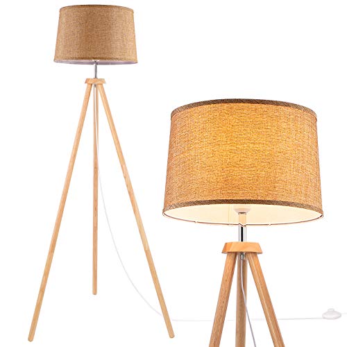 maraz, WUDSEE Modern Wooden Tripod Floor Lamp for Mid-Century Living Room Bedroom Studio with Linen Fabric Gold Lampshade