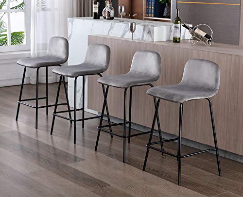 WAHSON OFFICE CHAIRS, Wahson 4 PCS Velvet Bar Stools Breakfast Kitchen Counter Chairs,Bar Chairs High Stools with Metal Legs and Footrest (Grey, 4 PCS)