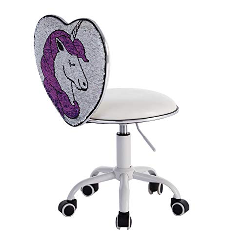 WAHSON OFFICE CHAIRS, Wahson Children Desk Chair Adjustable Height Swivel Chair with Backrest Pattern Colour Changing Sequins Study Chair for Kids (White)