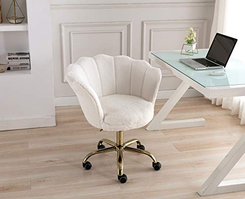 WAHSON OFFICE CHAIRS, Wahson Home Office Chair Swivel Chair Height Adjustable Task Chair with Gold Base,Desk Chair for Bedroom/Vanity (White, Faux Fur)
