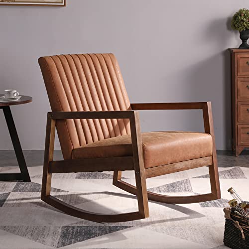 WAHSON OFFICE CHAIRS, Wahson PU Leather Rocking Chair Mid-Century Armchair with Solid Wood Legs, Leisure Relax Chair for Living Room/Bedroom/Balcony (Brown)