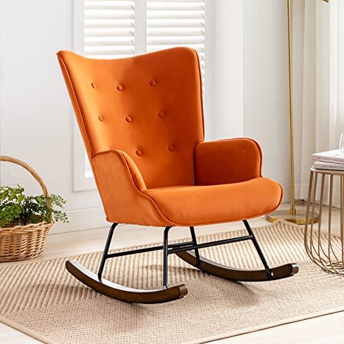 WAHSON OFFICE CHAIRS, Wahson Velvet Rocking Chair Modern Armchair Tufted Wingback Accent Chair with Thick Padded Seat, Leisure Relax Chair