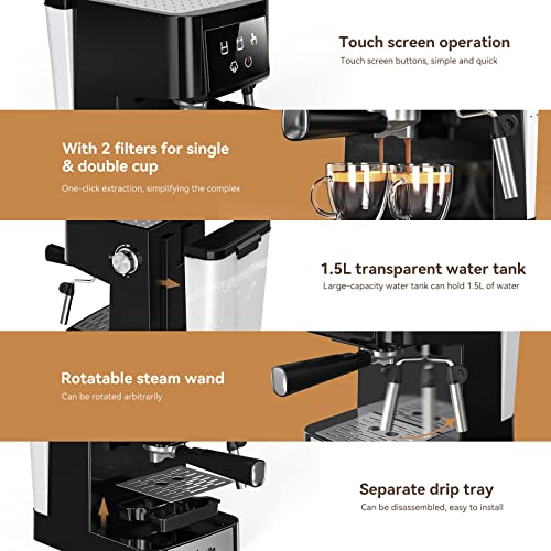 Wamife, Wamife Coffee Machine, Espresso Machine with Milk Frother, Dual Temperature Control, 15 Bar Espresso Coffee Maker, 1 Cup/2 Cup