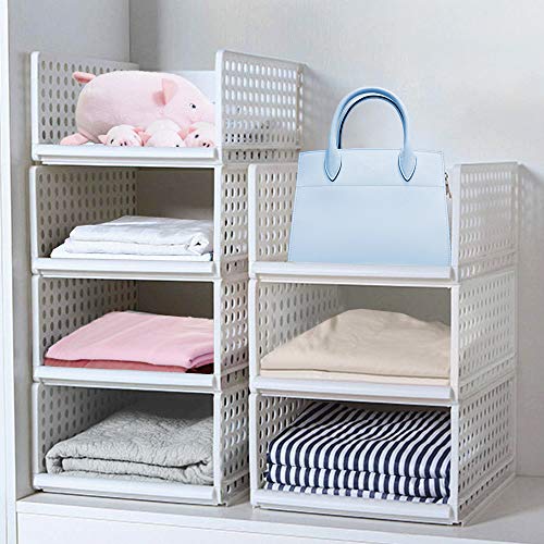 Tuevob, Wardrobe Storage Box ,4-Pack Plastic Wardrobe Organizer Stackable Detachable Baskets Closet Containers Bin Cubes Organiser, Home Office Bedroom Laundry Fold Pull Out Drawer Dividers for Clothes,Toys