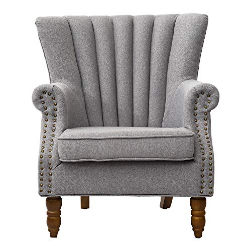 Warmiehomy, Warmiehomy Armchair Fabric Linen Fabric Accent Upholstered Chair Armchair Wing Back with Solid Wooden Legs Living Room (Grey)