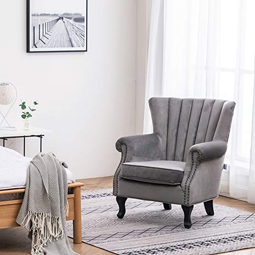 Warmiehomy, Warmiehomy Armchair Velvet Upholstered Accent Chair Armchair Wing Back Fireside Chair with Solid Wooden Legs for Living Room Bedroom (Grey)