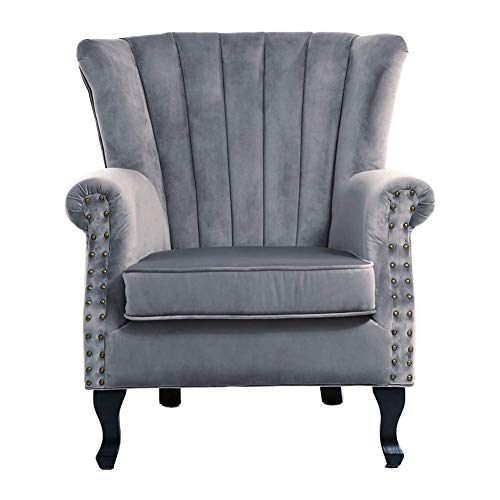 Warmiehomy, Warmiehomy Armchair Velvet Upholstered Accent Chair Armchair Wing Back Fireside Chair with Solid Wooden Legs for Living Room Bedroom (Grey)