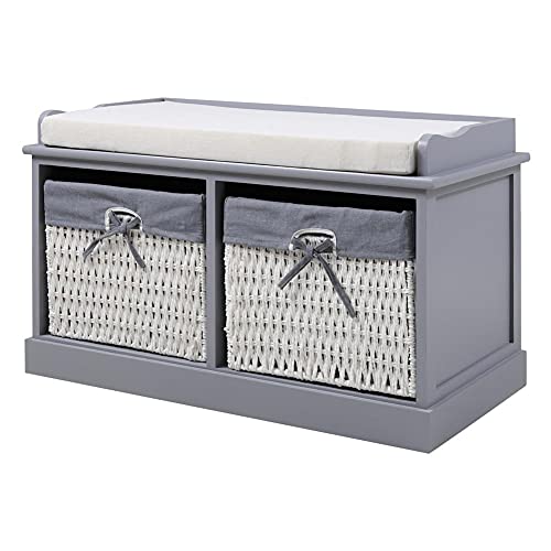 Warmiehomy, Warmiehomy Storage Bench with 2 Wicker Baskets and Padded Seat Cushion, Multifunctional Storage Cabinet Shoe Rack for Hallway