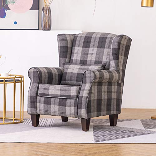 Warmiehomy, Warmiehomy Wing Back Armchair Fabric Tartan Fireside Accent Chair with Solid Wood Legs for Living Room Bedroom Reception
