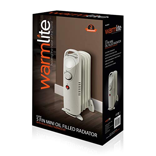Warmlite, Warmlite Portable Electric Oil Filled Radiator, Adjustable Temperature Thermostat, Overheat Protection, 5 Fins, 650 W, Off-White
