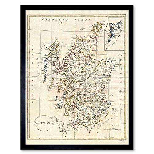 Wee Blue Coo, Wee Blue Coo 1799 Clement Cruttwell Map Scotland Vintage Art Print Framed Poster Wall Decor 12X16 Inch