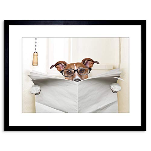 Wee Blue Coo, Wee Blue Coo Photo Mock Jack Russell Toilet Reading Newspaper Art Print Framed Poster Wall Decor 9x7 inch