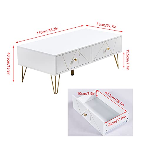 Urkitd, White Coffee Table Modern Side Table with 2 Drawers, Wooden Centre Table with Unique Golden Groove Front, Coffee Tea Table for Living